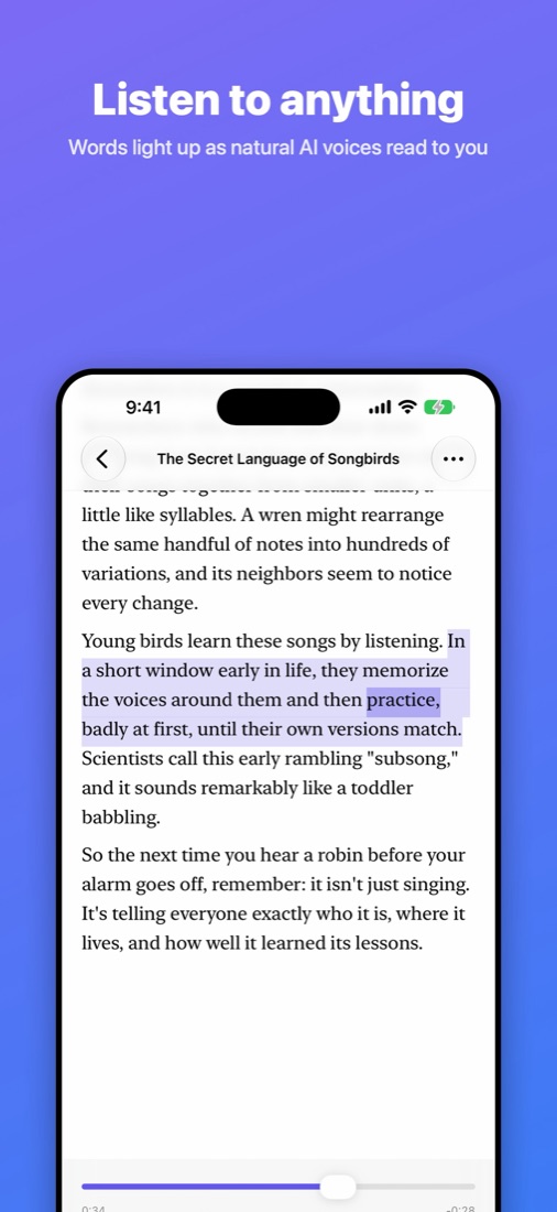 Reading an article with words highlighted as they're spoken